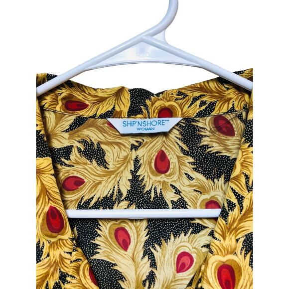 SHIP'N SHORE Woman Shirt Peacock Feather Print Gold Red Black Patterned - Picture 8 of 12